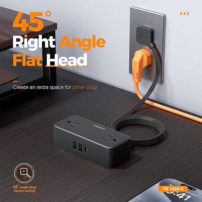 Extension Cord 10 FT with Multiple Outlets, TESSAN Flat Plug Power Strip Surge Protector with 4 Wide Spaced AC Outlets 3 USB Ports(1 USB C), Surge Protection for Home Office Dorm Room, Black