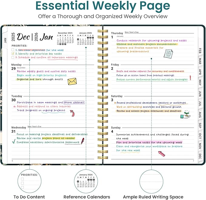 2026 Planner, Weekly and Monthly Planner for Women, January 2026 to December 2026, Pretty Hardcover 2026 Calendar Planner Book with Tabs, Inner Pocket, Spiral Bound, Perfect Office Home School Supplies - 6.3" x 8.5", Evergreen Elegance