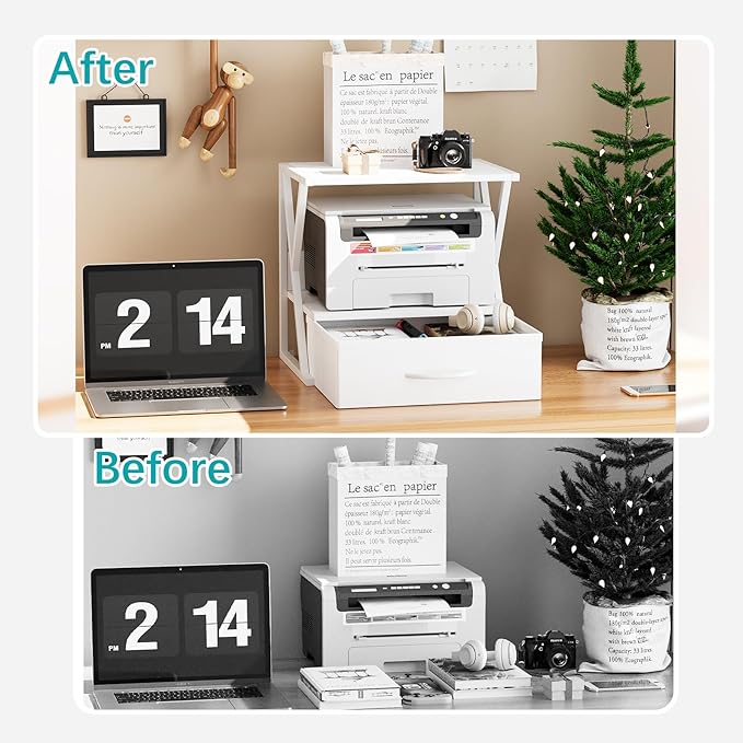 aboxoo Printer Stand for Desk with Storage Drawer, 2 Tier Desktop Or Under Desk Shelf, Multi-Purpose Desk Organizer for Home Office, fit Fax Machine/3D Printer/Scanner, White