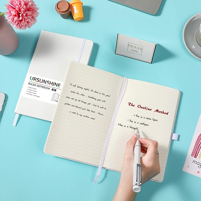 Ruled Notebook/Journal - Classic Lined Journal/Notebook, 5.3'' x 8.26'', Hardcover with Thick Paper, Banded + Pen Holder +Inner Pocket - White