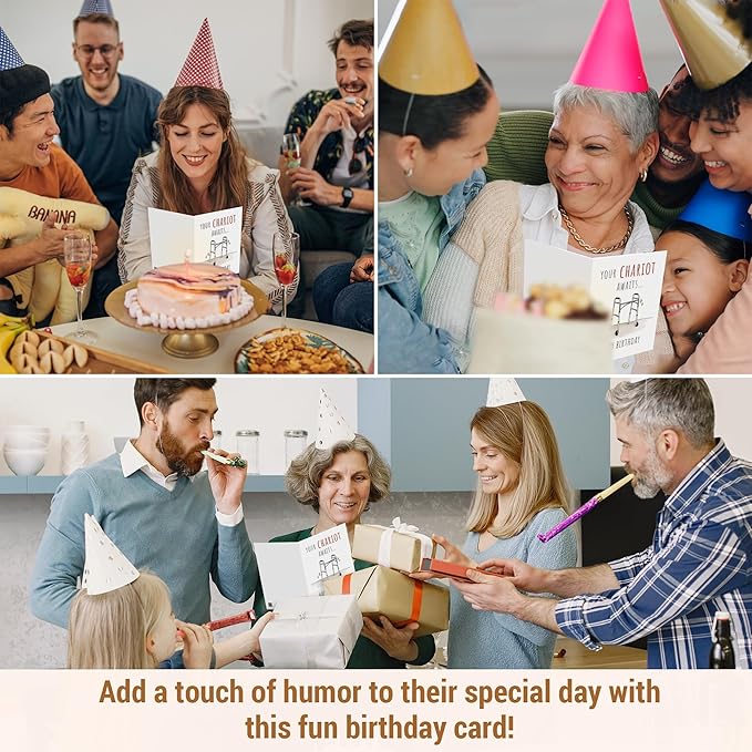 Premium Funny Birthday Card for Dad, Mom, Grandpa, Grandma, Family 40th 50th 60th 70th 80th, Unique Your Chariot Awaits Greeting Birthday Gifts Card, Quality Cardstock With Kraft Envelope & Sticker