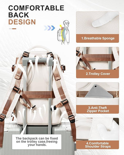 Travel Backpack for Women Men, Flight Approved Carry on Backpack with Shoe Compartment, Waterproof Laptop Backpack Personal Item Travel Bag - Ideal for Weedender, Hiking, Sport & Gym, Beige with Brown