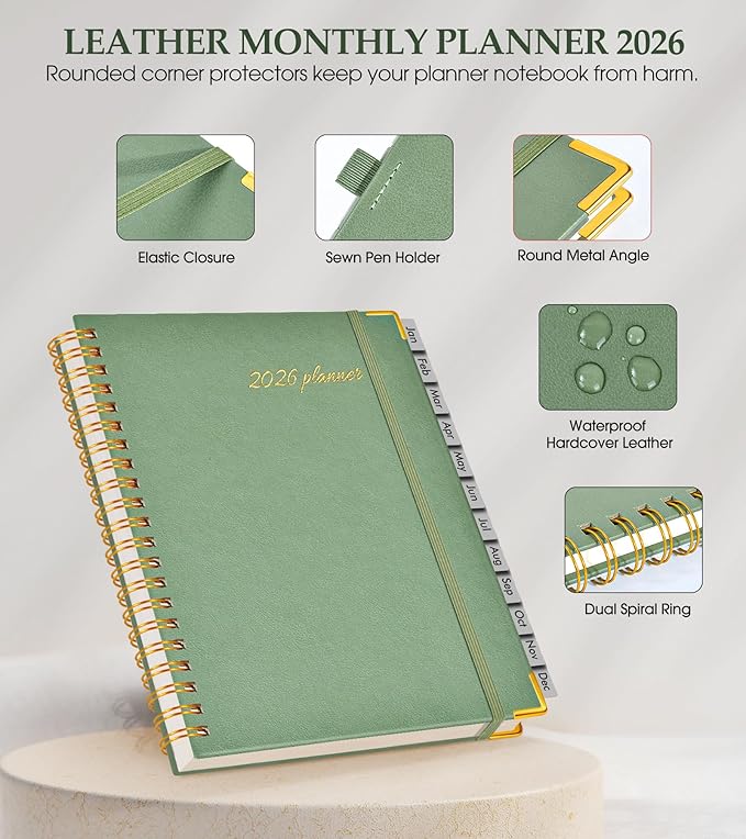 2026 Planner, Weekly and Monthly Calendar Planner from January 2026 - December 2026, 8.5" x 11" Hardcover Leather Hourly Appointment Book with Tabs, Spiral Daily Planners for College School Work Home, Green