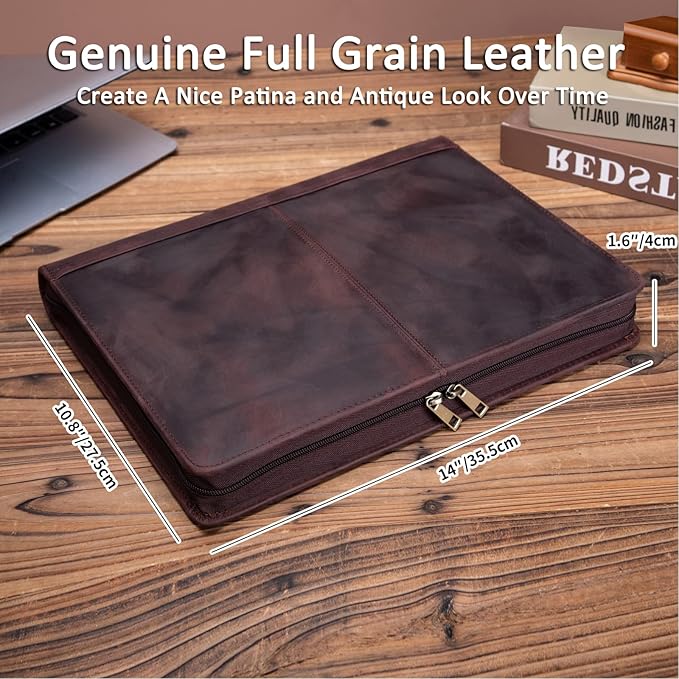 Personalized Genuine Leather Portfolio with 3 Ring Binder, Full Grain Leather Padfolio Zippered, A4 Notebook Holder Customized Professional Folder Organizer Gift for Men and Women, Dark Brown