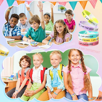 100 Pieces Students Inspirational Silicone Wristbands Motivational Quotes Rubber Bracelets for Kids Students Back to School Gifts (Swirl Colours)