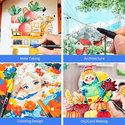 Double Brush Marker Pens, 168 Colors Art Markers Set with Fine Tip and Brush Tip for Kids Adult Coloring Book Hand Lettering Calligraphy Drawing Art Supplies Kit