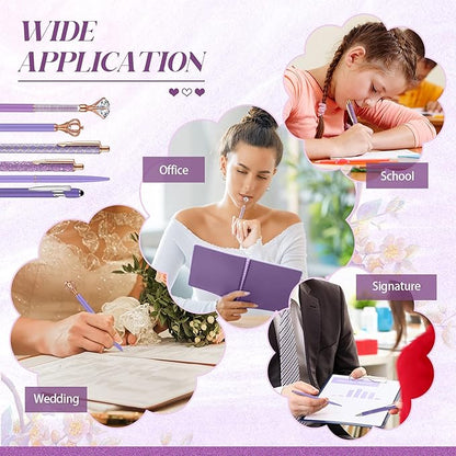 6 Pcs Ballpoint Pens Set Metal Crystal Diamond Pen for Journaling Glitter Pretty Cute Stationery Black Ink Fancy Gifts for Women Girls Teacher Office Wedding School Supplies(Purple Series)