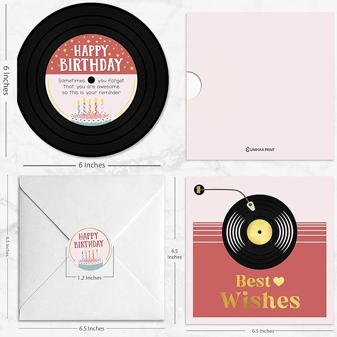 Birthday Card for Women Wife Girls, Inspirational Birthday Gifts for Her, Cute Happy Birthday Card with Fun Sweet for Teacher, Mom, Sister, Vinyl Record Design, Sticker and Envelope (Gold Foil)