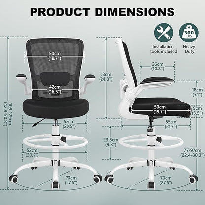 FelixKing Drafting Chair Ergonomic Tall Office Chair, Breathable Mesh Chair with Adjustable Footrest Ring Lumbar Support Flip-up Armrests, High Back Executive Comfy Task Computer Chair for Home Office