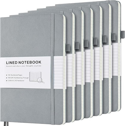 MALEDEN 7 Pack Lined Journal Notebook, Hardcover PU Leather Notebook for Men Women, 100 GSM Thick Numbered Pages with Index Content, Inner Pockets, Bookmarks, A5 Ruled Writing Journal Bulk (Grey)