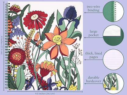 Steel Mill & Co Cute Large Spiral Notebook College Ruled, 11" x 9.5" with Durable Hardcover and 160 Lined Pages, Garden Floral