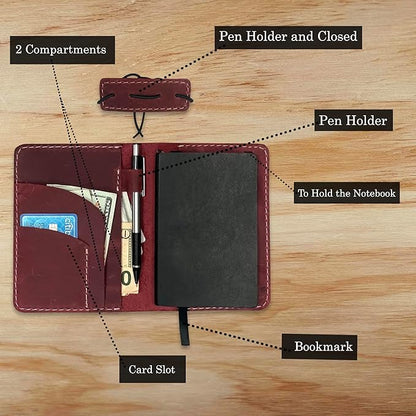 Thot Ra Leather Cover for Field Notes, Passport Cover, Leather Notebook Cover for 3.5" x 5.5" with Pen Holder, Only Cover (Wine)
