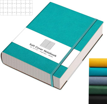 AHGXG Graph Paper Notebook - 320 Pages Grid Paper Notebook Large Journal B5, 100gsm Thick Graph Paper, Leather Softcover, Inner Pocket, 7.6'' X 10''- Cyan