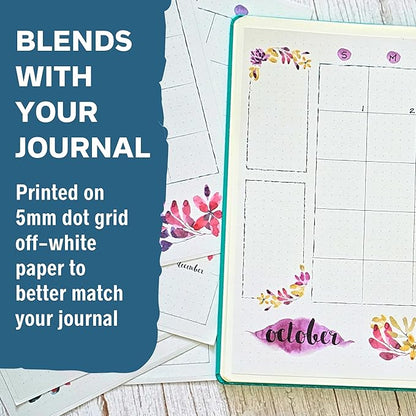 Undated Monthly Calendar Planner Stickers Compatible with A5 Bullet Dot Grid Journals (5.3 x 7.7") - 12-Month Calendars Cute Floral Illustrations, Flower Journal Supplies, Templates, Agenda Layouts