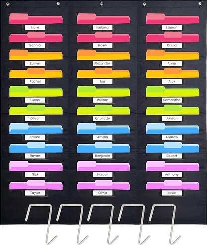 Hippo Creation Heavy Duty Storage Pocket Chart for Classroom, 30 Pocket Storage Organizer with 5 Over-Door Hangers, Hanging Wall Organizer for File Folders, School Mailbox, Home Office Papers - Black
