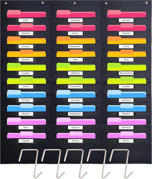 Hippo Creation Heavy Duty Storage Pocket Chart for Classroom, 30 Pocket Storage Organizer with 5 Over-Door Hangers, Hanging Wall Organizer for File Folders, School Mailbox, Home Office Papers - Black