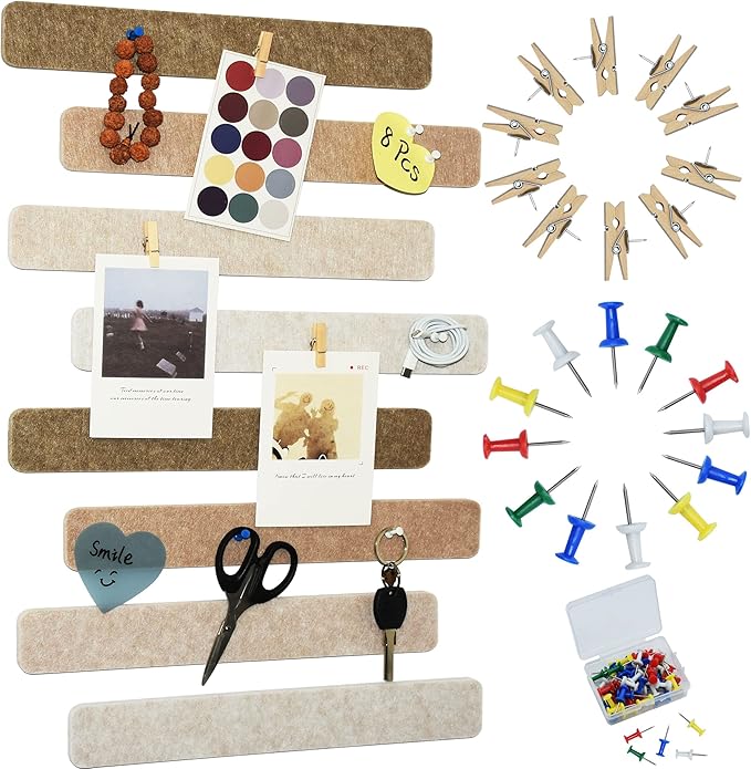 8Pcs Bulletin Board Strips, Camel-Brown Felt Pin Board Bar Strips with 50 Pushpins, Self-Adhesive Felt Cork Board Strips for Wall to Display Your Notes, Photos, Schedules, Announcements
