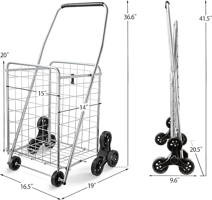Wellmax 2-Pack Shopping Utility Cart with Stair Climber, Collapsible Folding Cart for Grocery, X-Large and Large (Black and Silver)