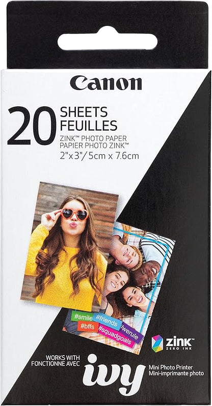 Canon Zink Photo Paper Pack, 20 sheets, White, 2" X 3". (3214C001)