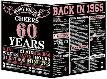 YiKaLus Big 60th Birthday Card for Women, Vintage 60 Year Old Gifts for Mom Sister Friends, Rose Gold Back in 1965 Bday decorations