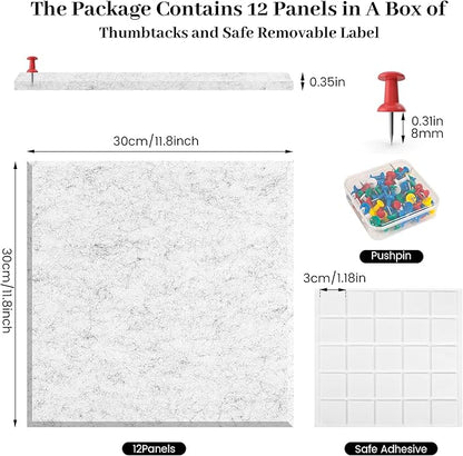 Large Cork Board for Office White Grey Felt Board Alternative-12 Pack Felt Wall Tiles for Office Wall Decor,Felt Bulletin Board Tiles,Push pin Board Wall Organizer for Office