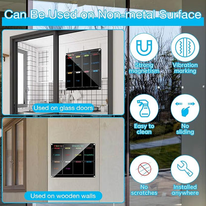 Fridge Calendar Meal Planning Board, Dry Erase Acrylic Magnetic Monthly Weekly Calendar Planner for Refrigerator with 6 Colors Markers (Black-Weekly+Monthly(15.7x11.8))