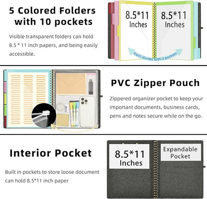 Ospelelf Foldable Spiral Clipboard Folio with Storage Zipper Pouch, 5 Plastic Folders with 10 Pockets,Refillable Lined Notepad (11" x 8.5"), Hardcover Project Organizer with 39 Stickers (Dark Grey)