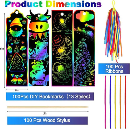 100 Sets Scratch Art Bookmarks Making Kit for Kids, Scratch Paper DIY Animal Bookmarks Bulk with 100 Pcs Ribbons and 100 Pcs Wood Stylus for Classroom Activities Party Favors, 13 Styles(B)