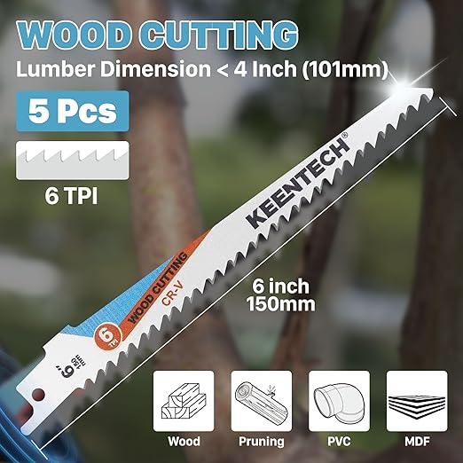 KEENTECH CR-V Sawzall Pruning Blades, 6 Inch 6TPI, with Fleam Ground Teeth for Tree Branch Root Wood, PVC Pipe Cutting, Reciprocating Saw Blade Fast Cutting for Professional, DIYer, Gardener, 5 Pack