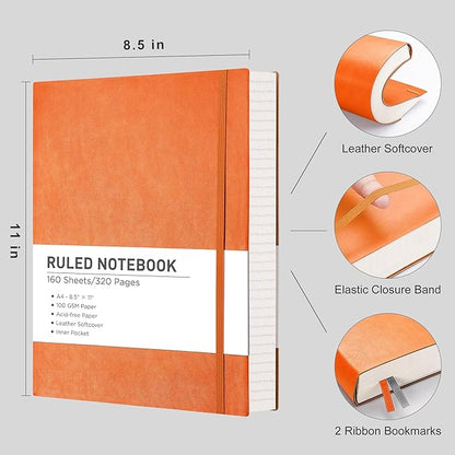 RETTACY Journaling Notebooks, A4 Lined Notebook Journal with 320 Pages, 8.5" × 11", Large Size, Notebook Journal for Work, School, Writing, Leather Softcover, 100 GSM Thick Paper (Orange)