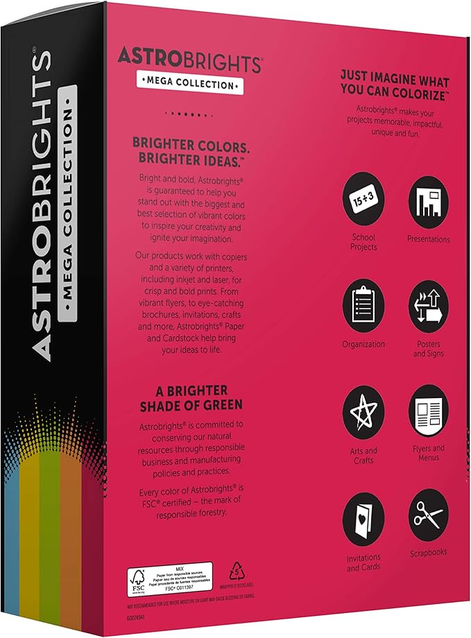 Astrobrights Mega Collection, Colored Paper,"Classic" 5-Color Assortment, 625 Sheets, 24 lb/89 gsm, 8.5" x 11" - MORE SHEETS! (91623)