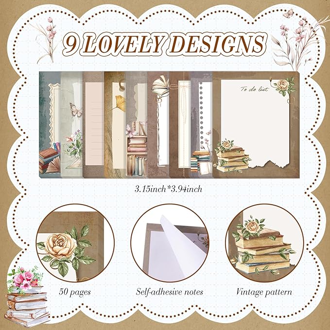 Sabary 9 Pads Sticky Notes 3.15 x 3.94 Inches Cute Self Sticky Note Pads Colored Adhesive Notepad for Memo Reminder Journal Studying Office Home Gift (Book Lover)