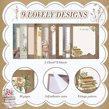 Sabary 9 Pads Sticky Notes 3.15 x 3.94 Inches Cute Self Sticky Note Pads Colored Adhesive Notepad for Memo Reminder Journal Studying Office Home Gift (Book Lover)