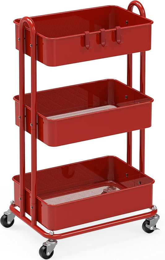 Simple Houseware Heavy Duty 3-Tier Metal Utility Rolling Cart, Red