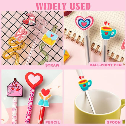 WDAHDHP Valentine's Day Pencil Clips for Kids, 50Pcs Different Pencil Clips Topper, Cute Pencil Charms for Kids Students School Gifts Classroom Rewards