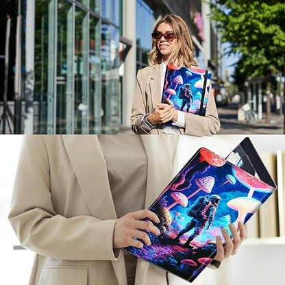 PU Leather Padfolio Folder Clipboard Portfolios Organizer Conference Document Organizer with Business Card Holder Storage Clipboard Writing Pad,Astronaut Under Mushroom