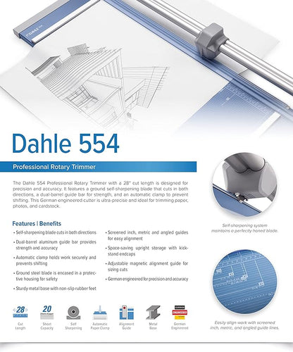 Dahle 554 Professional Rotary Trimmer, 28" Cut Length, 20 Sheet Capacity, Self-Sharpening, Dual Guide Bar, Automatic Clamp, German Engineered Paper Cutter