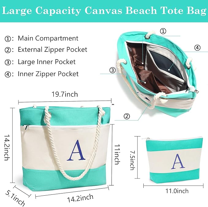 YOOLIFE Christmas Gifts for Women - Initial Canvas Tote Bag & Makeup Bag, Birthday Gifts for Women Mom Teacher Friend Sister