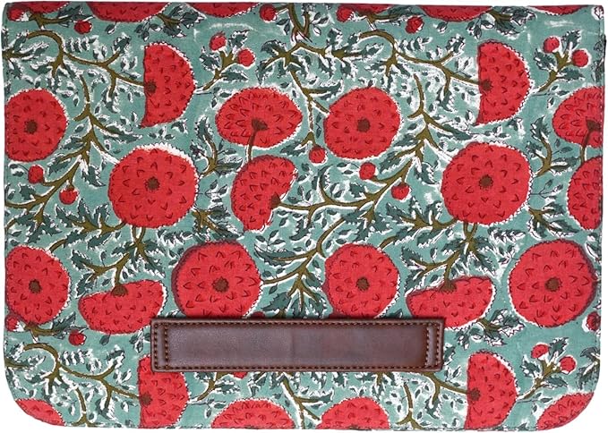 Cotton Hand Block Print Laptop Sleeve Case Bag Compatible with MacBook Air/Pro, 13-13.3 inch Water-Resistant Notebook, Travel Carrying Case Bag Protective Portable Computer Bag, Green