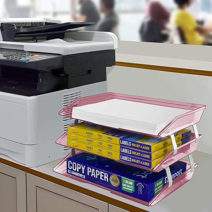 Acrimet 3 Tier Side Load Letter Tray Facility, Desktop File Organizer, A4 Letter Size Paper Organizer, Minimalist Storage Solution Paper Tray for Office, Home, Classroom (Plastic, Clear Pink Color)