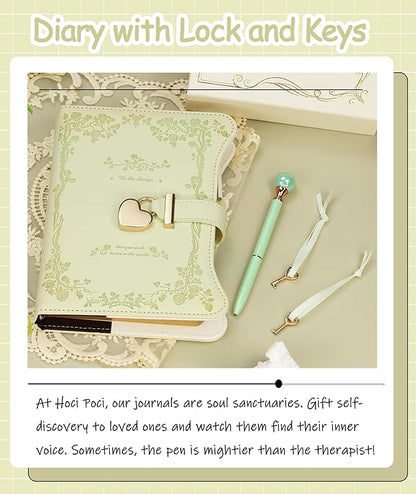 Diary with Lock and Keys for Girls Gift Ideas, 360 Gold Edged Pages Journal for Women, B6 Refillable Notebook for Writing with Pen and Bookmark (Garden Matcha)
