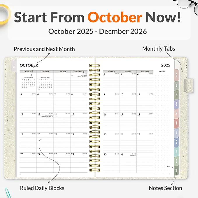 SUNEE 2026 Weekly & Monthly Planner 6.4"x8.5"- 12 Month (January 2026 - December 2026), Vegan Leather Cover, Pocket, Bookmark, Notes, Monthly Tab, Beige