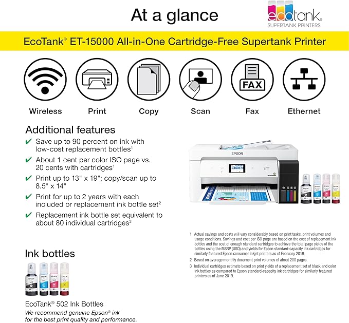 Epson EcoTank ET-15000 Wireless Color All-in-One Supertank Printer with Scanner, Copier, Fax, Ethernet and Printing up to 13 x 19 Inches, White