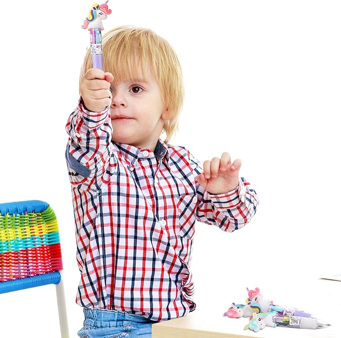 Chinco 12 Pieces Retractable Unicorn Pens 4-in-1 Multicolor Ballpoint Pen Unicorn Candy Party Favor Colored Ink Mini Party Favors for Girls Kids Classroom Prizes Birthday Gifts(Curly Hair Unicorn)