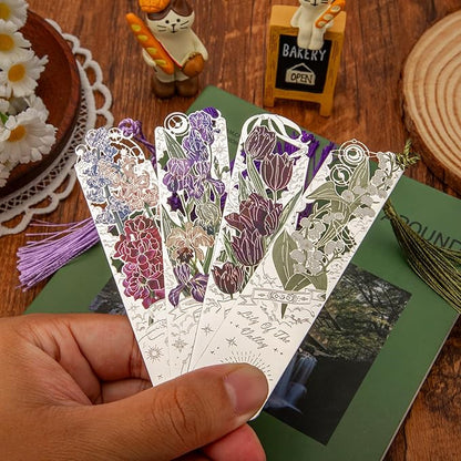 4 PCS Metal Bookmarks with Tassel, Iris, Violet, Tulip, Lily of The Valley Bookmark, Pretty Bookmarks for Women, Very Beautiful Bookmark, Metal Bookmarks Gifts, Graduation Gift(062-2)