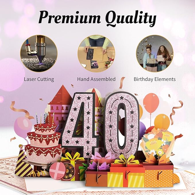 40th Birthday Card for Women Her, Jumbo Pop Up 40th Birthday Cards for Wife Mom, Happy 40th Birthday Decorations for 40 Year Old Women Funny Birthday Gifts, Review of 1985, Pink