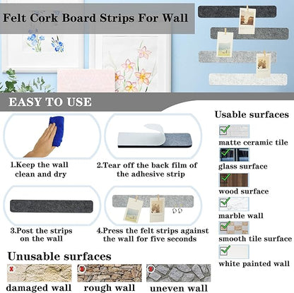 Gray Bulletin Board Strips, 8Pcs Felt Pin Board Bar Strips with 50 Pushpins, Self-Adhesive Felt Cork Board Strips for Wall to Display Your Notes, Photos, Schedules, Announcements