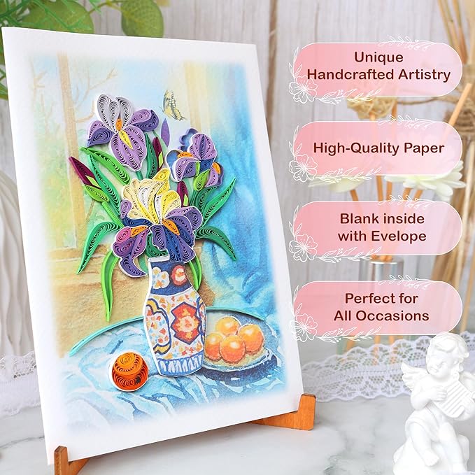 KingKraft Iris Flower Quilling Card, Handcrafted Greeting Card for All Occasions, Birthday Card for Mom, Thinking of You, Get Well, Anniversary, Valentines Day, Mothers Day Card, Blank Inside