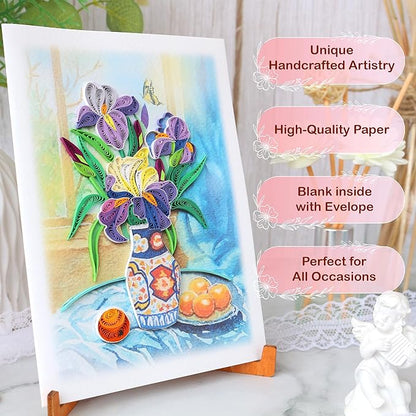 KingKraft Iris Flower Quilling Card, Handcrafted Greeting Card for All Occasions, Birthday Card for Mom, Thinking of You, Get Well, Anniversary, Valentines Day, Mothers Day Card, Blank Inside