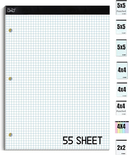 Mr. Pen- Engineering Paper, Graph Paper, 5x5 (5 Squares per inch), 8.5"x11", 55 Sheets, 3-Hole Punched, Grid Paper, Graphing Paper, Computation Pads, Drafting Pad, Blueprint Paper